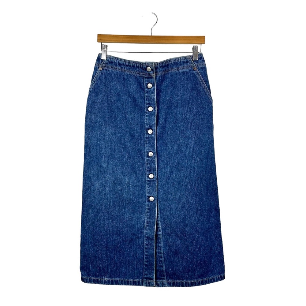 Vintage Levi’s Denim Maxi Skirt 10 Snap Front Cotton 90s Y2K Logo Slit